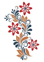 Decorative ornament with flowers, swirls, leaves and dots, red, blue, orange color, on white isolated background, floral design element