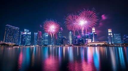 Vibrant Fireworks Display Over Singapore City Skyline