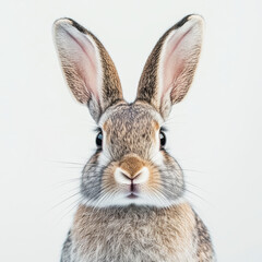 Fototapeta premium Curious Bunny Close-Up: A captivating close-up portrait of a curious bunny, its long ears perked up, nose twitching, and soft fur beautifully captured in a bright, soft-focus light.