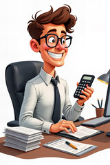 A cheerful accountant, depicted in a cartoon style, is seated at a desk with a calculator, surrounded by stacks of papers and a computer.