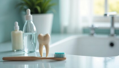 Ceramic tooth model with toothbrush and dental products in a bright bathroom setting