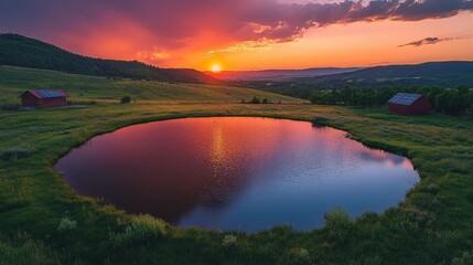 Serene Sunset Over Tranquil Pond Surrounded by Rolling Hills and Rustic Barns in a Peaceful Countryside Landscape