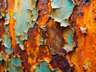 Macro Close-Up of Peeling Paint and Rust on Weathered Iron Wall Texture