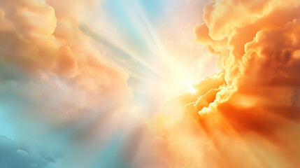 Fototapeta premium Bright sunrise over a sea of fluffy white clouds with vivid blue sky and golden sunlight streaming through.
