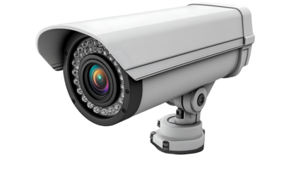High-Resolution 3D Render of a Modern Security CCTV Camera with Infrared LEDs and Adjustable Mount grey white black, isolated on transparent background.     