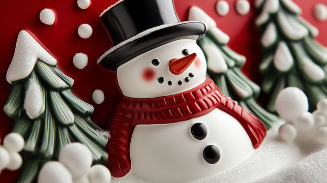 Decorative snow globe with a snowman, Christmas trees, and snowflakes on a golden base, set against a red background.