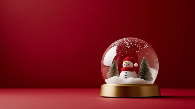 Decorative snow globe with a snowman, Christmas trees, and snowflakes on a golden base, set against a red background.