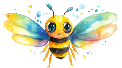 Naklejka premium Watercolor png clipart Cute Bee with Colorful Wings and Big Eyes Decor on a white background