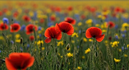 Vibrant Red Poppy Flowers in a Wildflower Meadow with Yellow and Blue Blooms