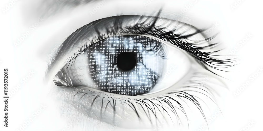 Poster a close-up of an eye with a digital, data-like pattern overlay, symbolizing technology and vision. c