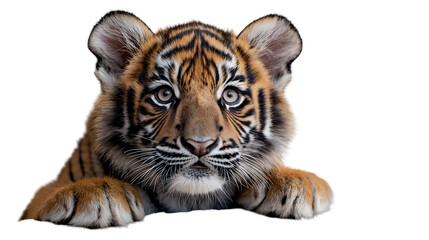 Obraz premium Adorable Sumatran Tiger Cub Close-Up Portrait, Wildlife Photography, Endangered Species, isolated on transparent background. 