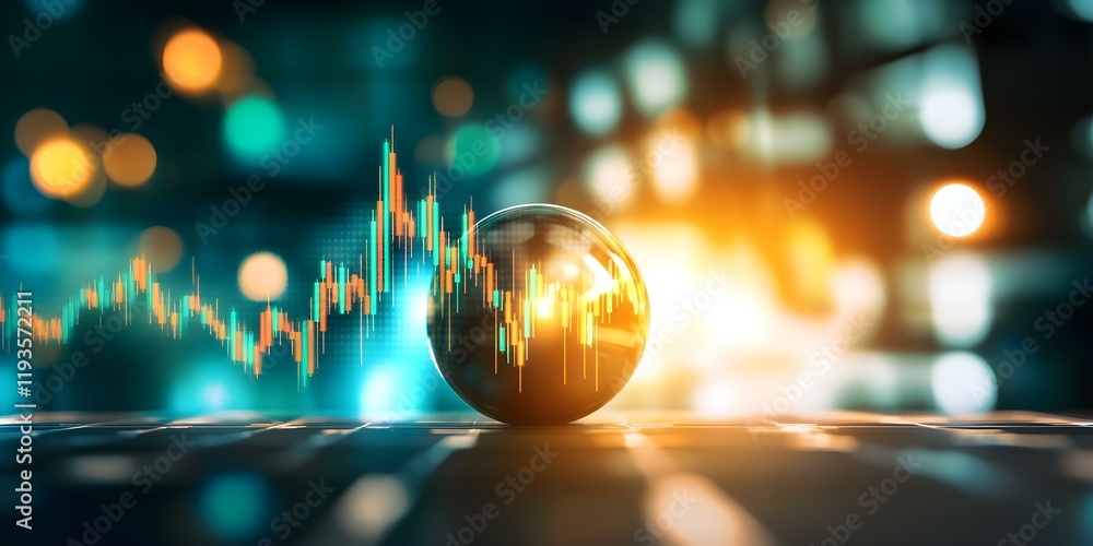 Aufkleber a reflective sphere on a surface with a dynamic stock market graph in the background, symbolizing fi