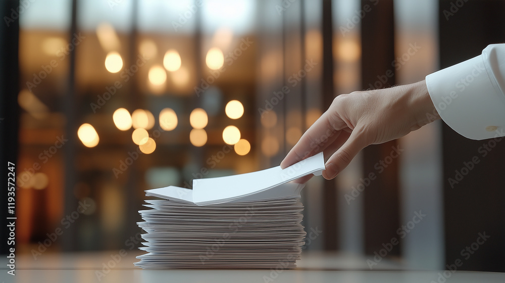 Poster hand placing a document on a stack of papers in a bright office with warm bokeh lights in the backgr