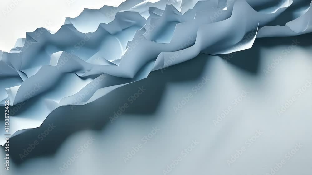 Poster textured blue waves of paper create an abstract landscape in soft lighting and shadow play