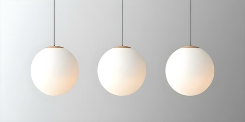 Three modern pendant light fixtures with round white shades and wooden accents, hanging against a light gray background. Concept Modern Pendant Lights, Round White Shades, Wooden Accents