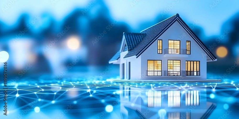 Poster a digital representation of a modern house overlaid with a network grid, symbolizing smart home tech