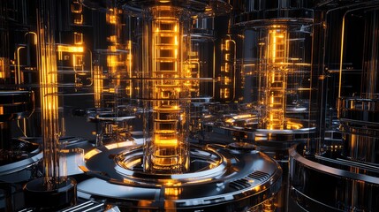 Futuristic quantum computing system showing the effects of quantum physics like superposition on illuminated processors