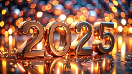 Obraz premium Macro Happy New Year 2025: Sparkling Copper Numerals 3D Render