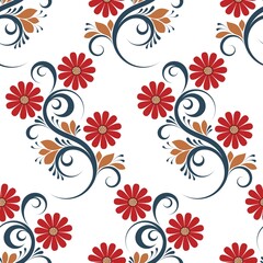 Seamless pattern with flowers, swirls and leaves red, blue, brown color, on white isolated background, Floral design element