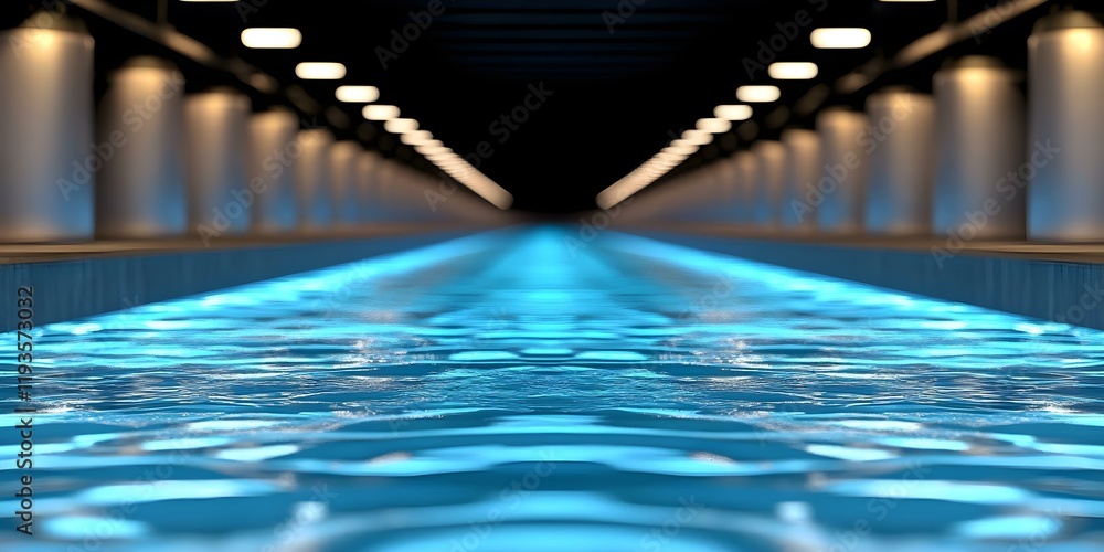 Poster a perspective view of a waterway or pool with illuminated sides, creating a tranquil, reflective atm