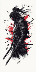 Samurai with a sword is standing in front of a red background