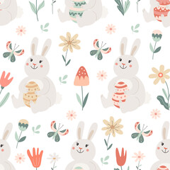 Seamless pattern with cute  bunnies with easter eggs and flowers on white background. Vector illustration in hand drawn flat style, pastel colors for wrapping paper, festive textile