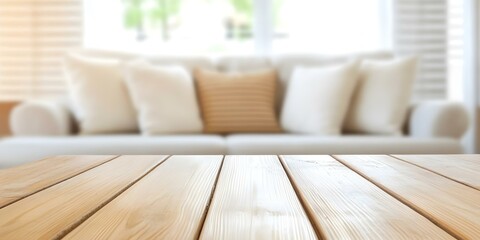 A softly lit room with a wooden table in the foreground and a cozy, blurred white sofa in the background. Concept Cozy Atmosphere, Soft Lighting, Wooden Table Decor, Blurred Background
