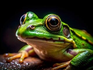 Macro Night Photography: Vibrant Green Frog Close-Up