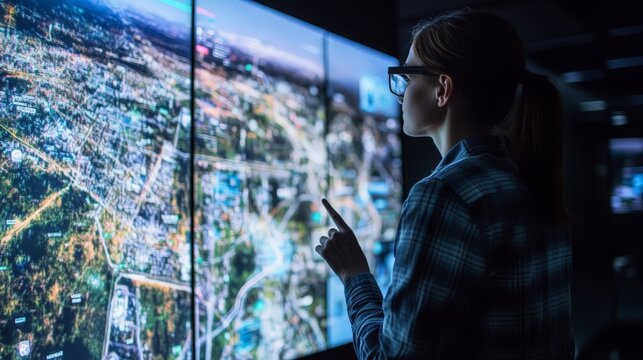 Caucasian female analyzing digital map display in high-tech environment