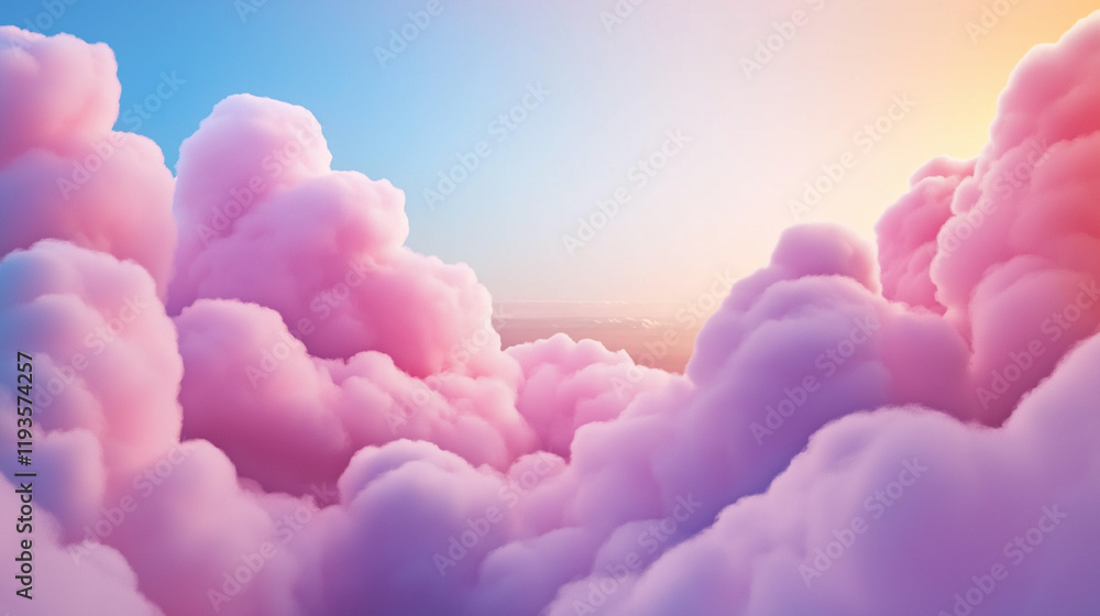 Poster fluffy pink clouds bathed in soft sunlight, creating a dreamy and surreal atmosphere.