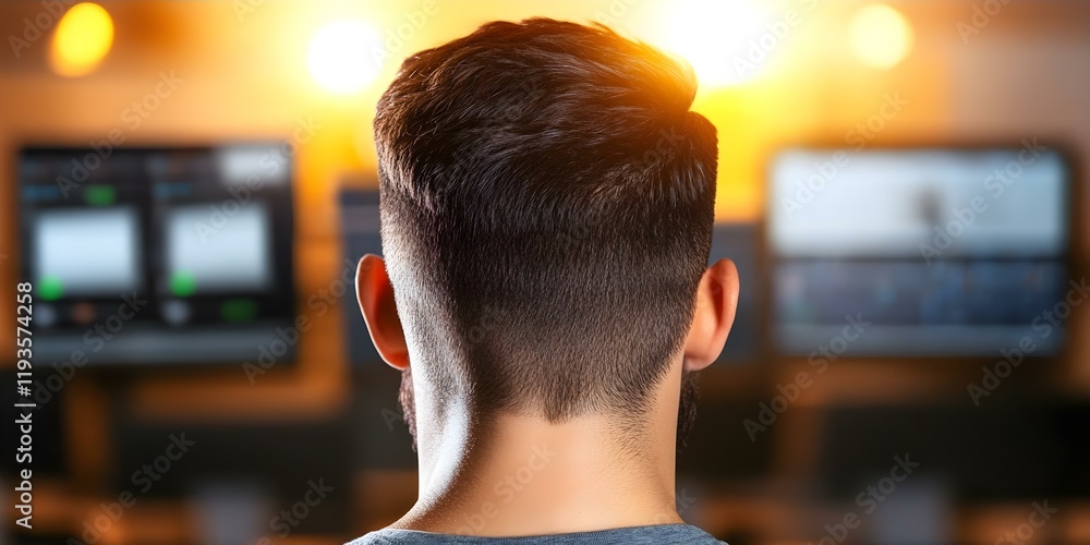 Poster a person viewed from behind, looking at multiple computer screens with bright lights in the backgrou