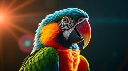 Obraz premium A parrot with bright blue, green, yellow, and red plumage perched on a branch. Warm autumn colors, intense dramatic lighting, high contrast, creates tension, earthy and cozy tones