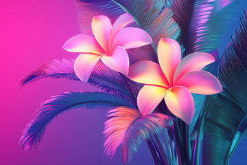 Fototapeta premium A colorful palm and flower arrangement with a blue background and holo foil colors