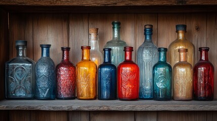 Antique Glass Bottles Arranged On Wooden Shelf