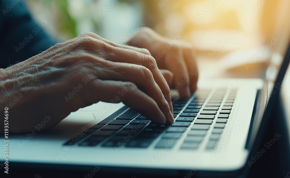 Aufkleber elderly hands typing on a laptop keyboard in a cozy setting with warm bokeh lights in the background
