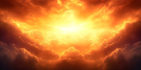 Fototapeta premium A dramatic sunset with vibrant orange and yellow hues illuminating fluffy clouds, creating a warm and atmospheric scene. Concept Dramatic Sunset, Vibrant Hues, Fluffy Clouds, Atmospheric Scene