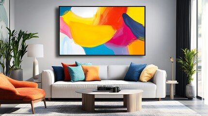 Abstract colorful painting on wall in modern living room with sofa and armchair.