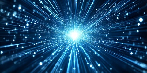 Naklejka premium A burst of light emits radiating lines and particles, creating a dynamic, energetic explosion effect in a blue background. Concept Dynamic Light Burst, Radiating Lines, Energetic Explosion Effect