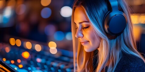 A woman with headphones is focused on a DJ mixer, surrounded by colorful lights and a vibrant atmosphere. Concept DJ Set Up, Vibrant Atmosphere, Focused Female DJ, Colorful Lights, Music and Mixing