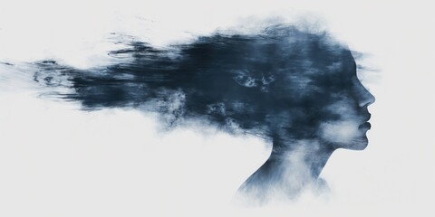 abstract profile of woman's face dissolving into swirling clouds dramatic minimal composition mysterious emotion copyspace concept of mental wellness therapy