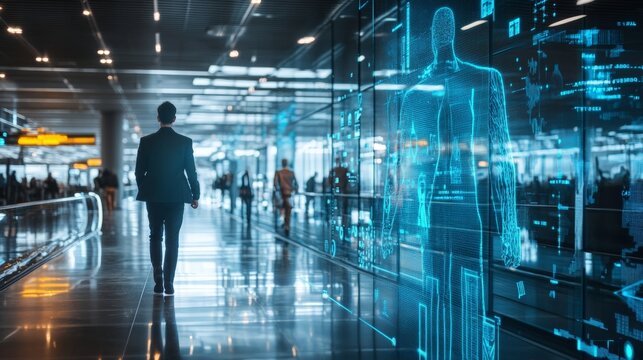 Caucasian male adult in futuristic airport with holographic displays