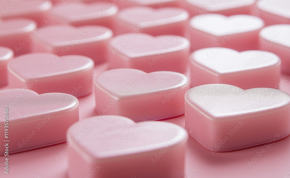 Poster rows of glossy pink heart-shaped objects arranged neatly on a matching pink background.