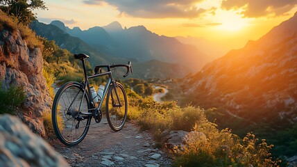 Obraz premium Road bike parked on mountain path at sunset.