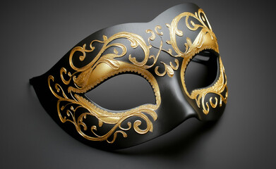 Ornate black and gold Venetian masquerade mask with floral details lying on a dark background.