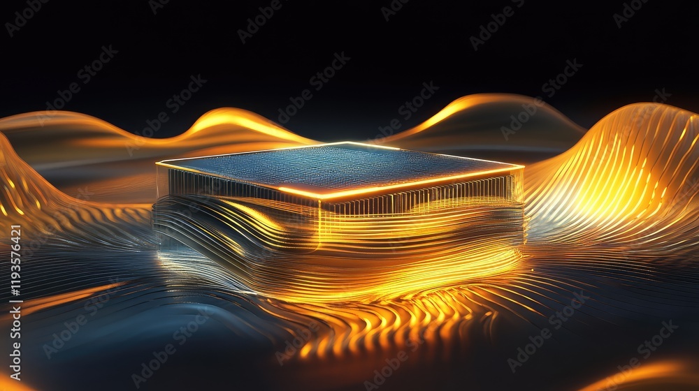 Poster futuristic quantum processor chip surrounded by flowing quantum data, represented as glowing energy 