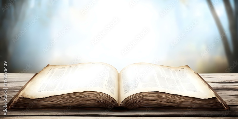 Poster an open book with yellowed pages rests on a wooden surface, illuminated by a soft, diffused light in