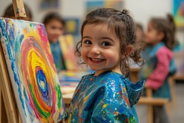 Young girl smiling with colorful abstract painting in art class