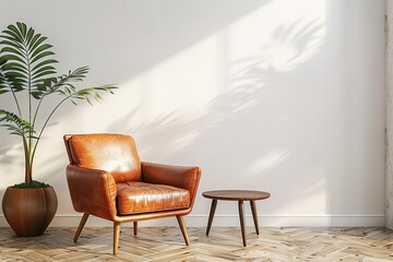 Modern mid century and minimalist interior of living room ,leather armchair with table on white wall and wood floor ,3d render