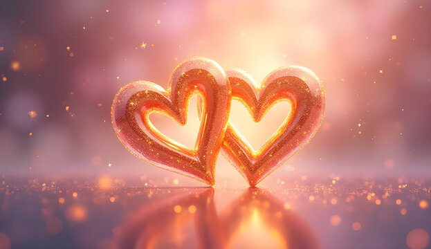 Shimmering golden hearts intertwining on glossy surface, surrounded by floating gold particles, embodying romantic love and Valentine's Day sentiment