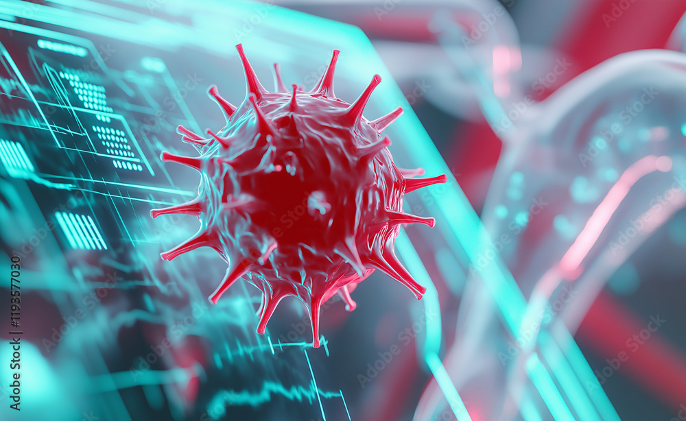 Poster 3d rendering of a magnified red virus particle hovering over futuristic digital screens with neon el
